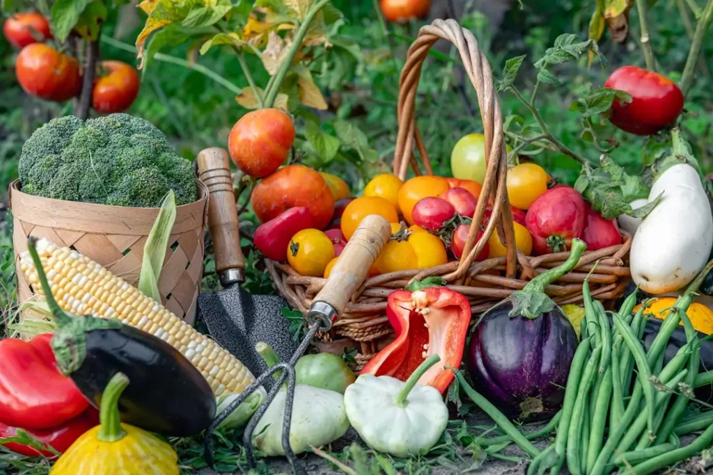composition-fresh-vegetables-blurred-vegetable-garden-background